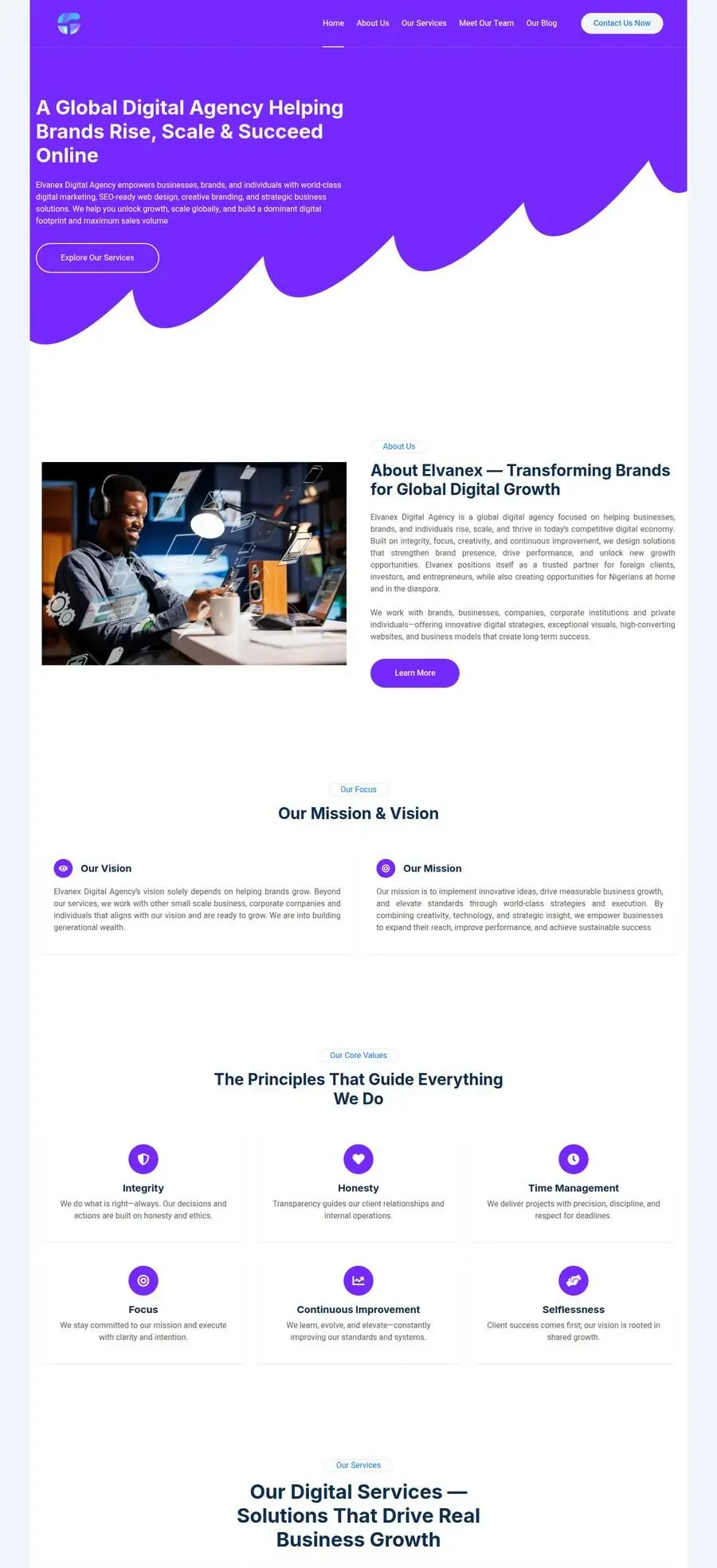 Elvanex Digital website, home page