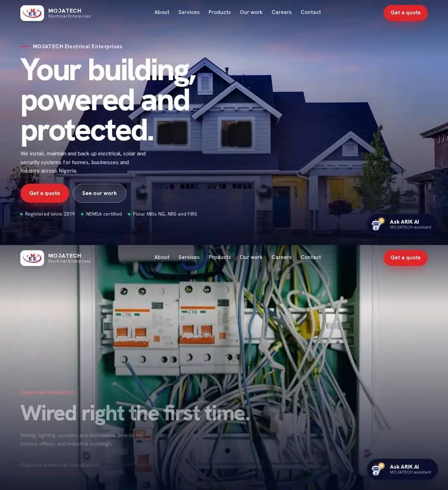 Mojatech Electrical website, home page