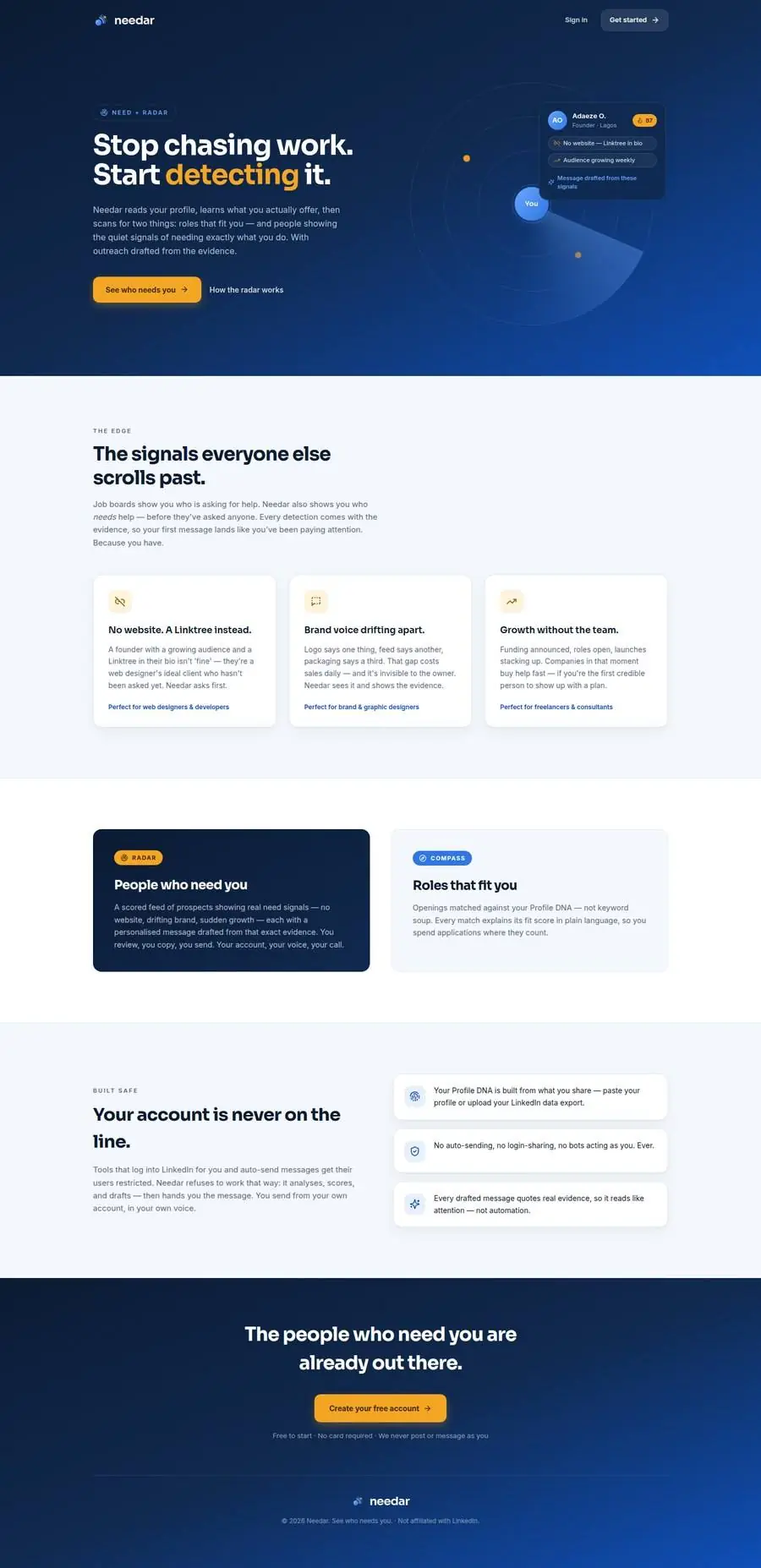 Needar website, home page