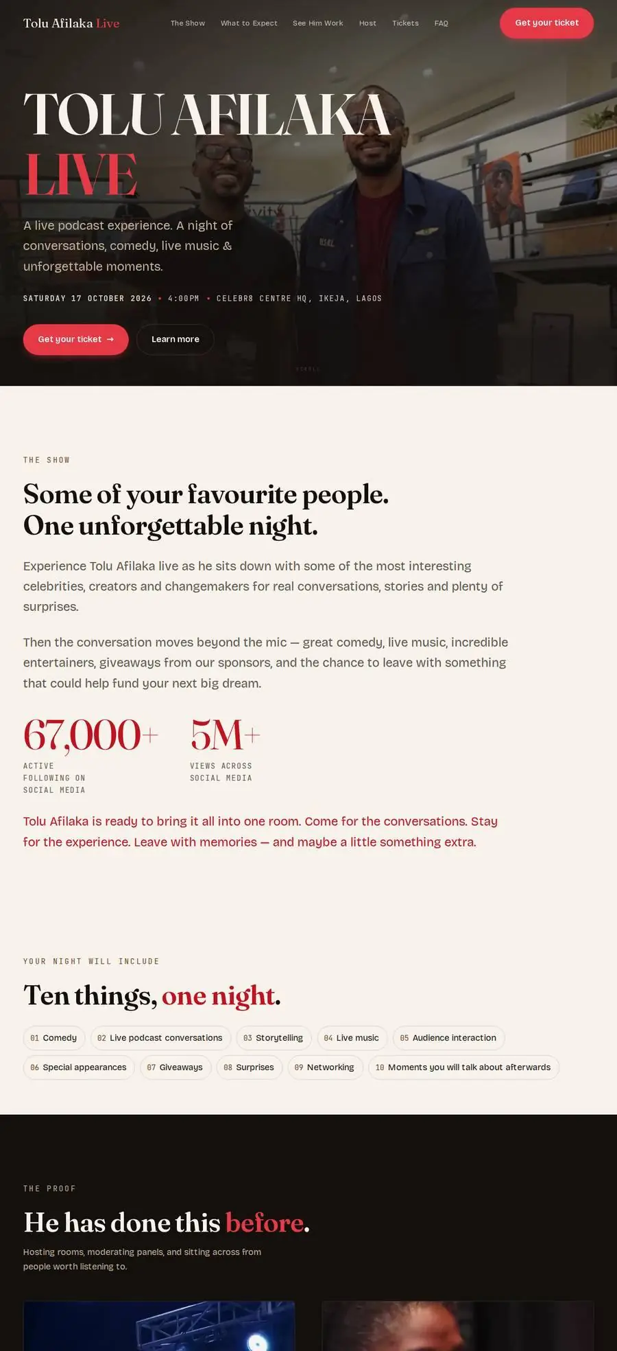 Tolu Afilaka Live website, home page